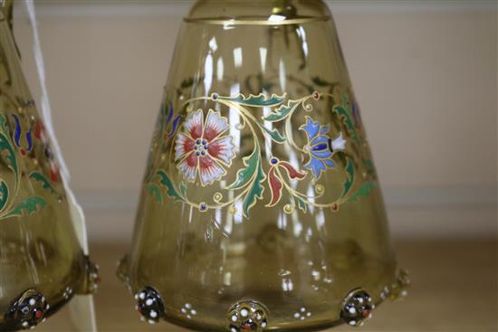 Two Bohemian enamelled glass liqueur jugs and four hock style liqueurs ewer 26cm